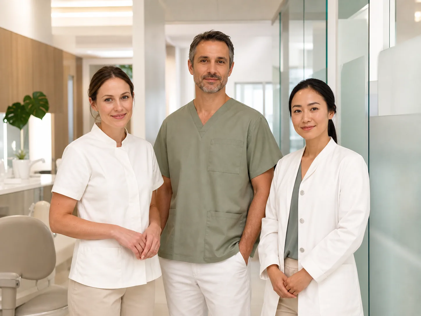 Three dental professionals standing together in a bright clinic